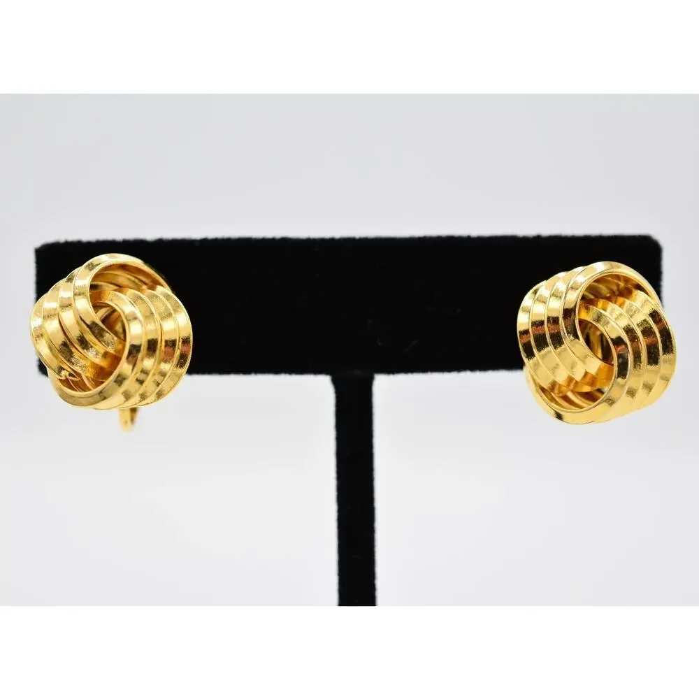 Vintage Clip On Earrings Knot Tie Stud Gold Huggie Round Metallic 1980s BinAA